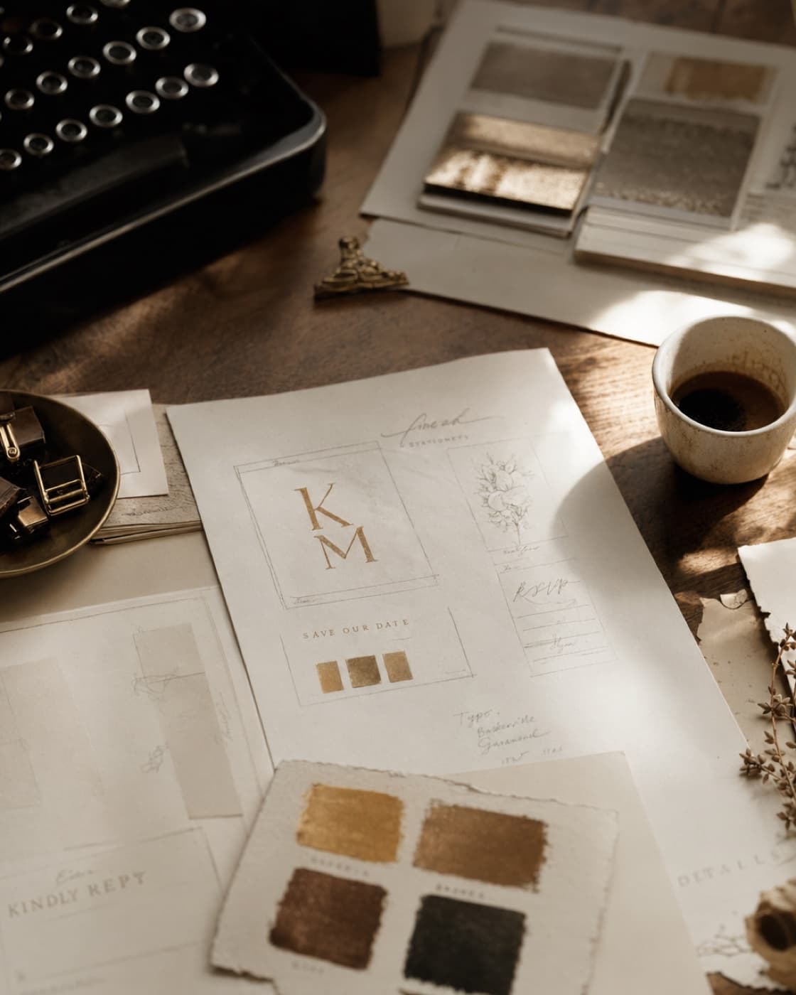 Designer-Studio mit Moodboard und Bronze-Swatches