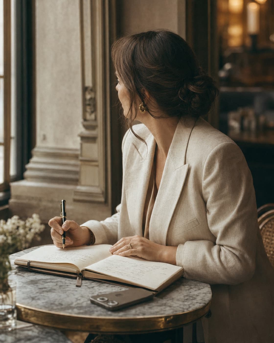 Wedding-Planerin mit Notizbuch in Café-Atmosphäre